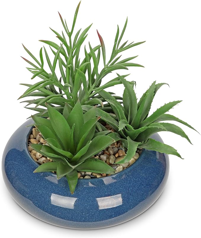 Hollyone Large Artificial Succulents Plants with Blue Vase Faux Succulents Fake Succulent Potted Plant in Ceramic Pot for Home Decor Office Desk Bathroom Living Room Indoor & Outdoor Decorations-VerdiqueGarden