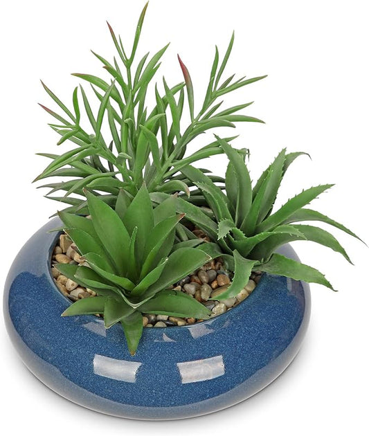 Hollyone Large Artificial Succulents Plants with Blue Vase Faux Succulents Fake Succulent Potted Plant in Ceramic Pot for Home Decor Office Desk Bathroom Living Room Indoor & Outdoor Decorations-VerdiqueGarden
