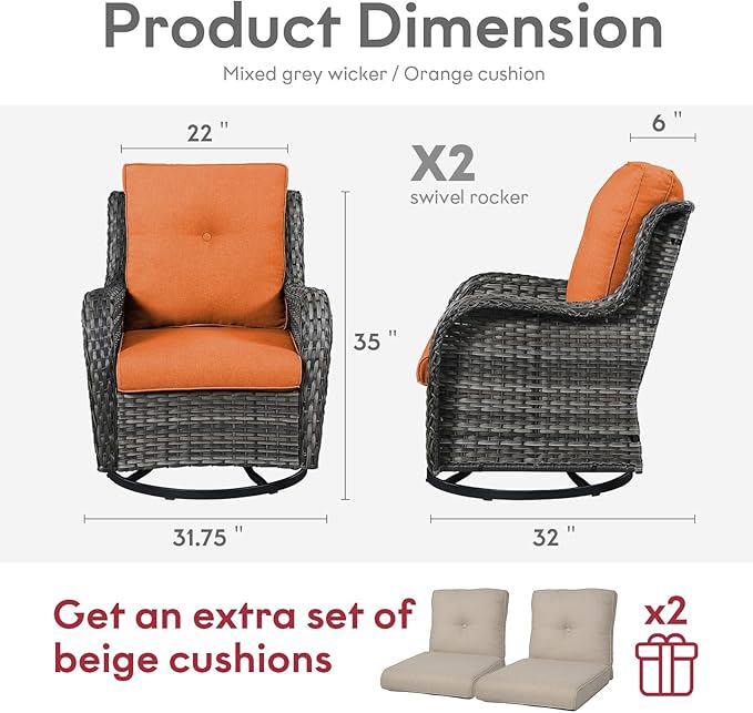 Outdoor Swivel Rcoker Wicker Chairs - Swivel Patio Chairs Set of 2 Patio Furniture Sets with Covered Cushion for Porch Deck Balcony Backyard, Orange Cushion-VerdiqueGarden