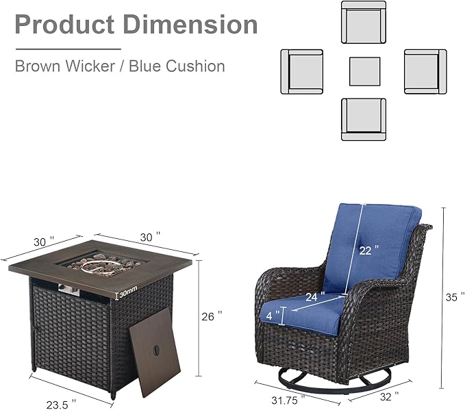 5 Pieces Patio Wicker Furniture Set - 4 Outdoor Swivel Rocker Glider Chairs with Propane Fire Pit Table, Warm Patio Conversation Set Blue Cushion Perfect for Casual Gathering-VerdiqueGarden