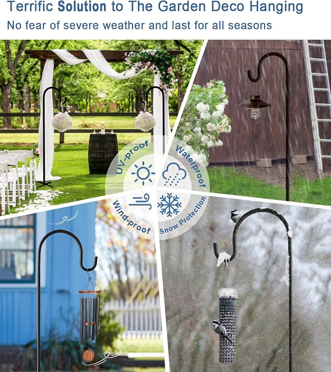 108 inch Outdoor Shepherd Hook with 5 Prong Base (2 Packs), Adjustable Heavy Duty Garden Hanging Stake for Bird Feeder Solar Light Plant Hanger Wedding Decor, Matte Black-VerdiqueGarden