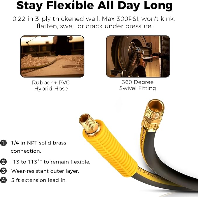 Double Arm Retractable Air Hose Reel, 3/8 in × 65 ft Hybrid Hose Heavy Duty Steel Professional Air Compressor Hose Reel with 5 ft Lead in Max 300PSI Auto Rewind Quick Coupler Swivel Fitting-VerdiqueGarden