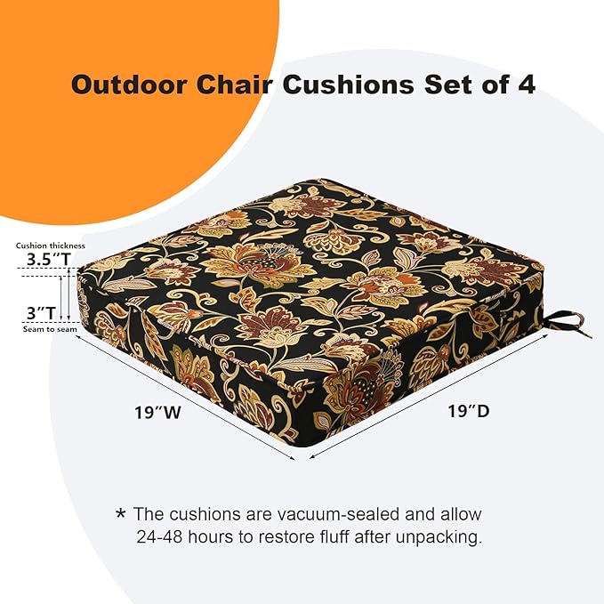 Square Corner Seat Cushions, 19" x 19" x 3", Set of 4, Indoor Outdoor Water Repellent Universal Chair Pads with Ties for Patio Furniture, Garden Deck Dining Chairs, Red Yellow Vine Flower-VerdiqueGarden
