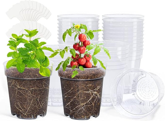 homenote Clear Nursery Pots for Plants,5 Inch Plant Pot for Planting Plastic Seedling with Drainage Holes Seed Starter Flower High Transparency with 20 Labels (30 Pack)-VerdiqueGarden