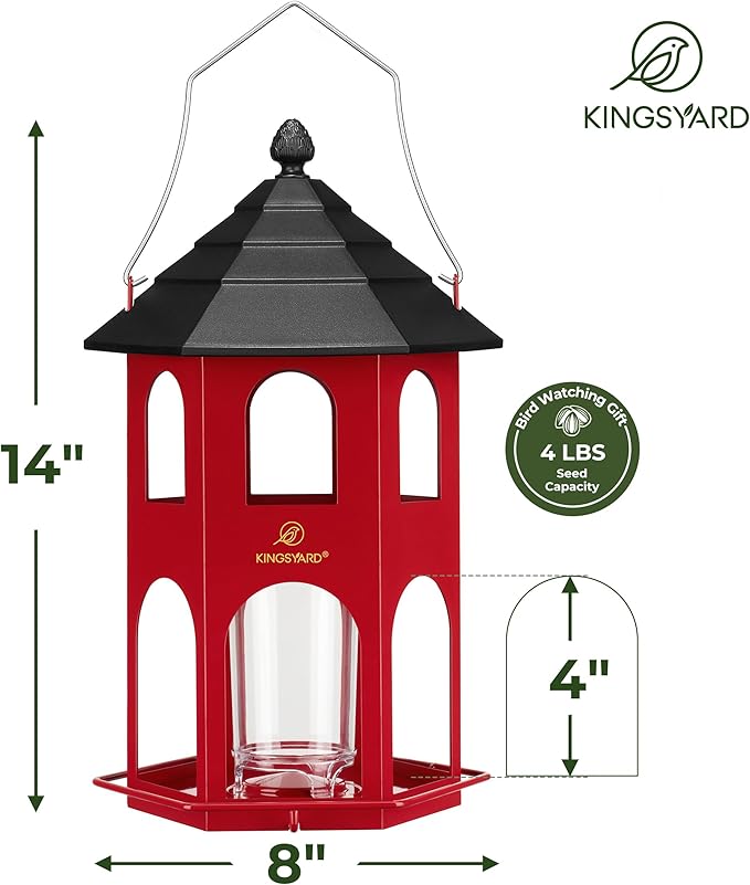 Kingsyard Metal Bird Feeder for Outdoor Hanging, Wild Bird Feeders with Circular Perch, Easy to Clean & Refill, 4 lbs Large Seed Capacity, Red-VerdiqueGarden