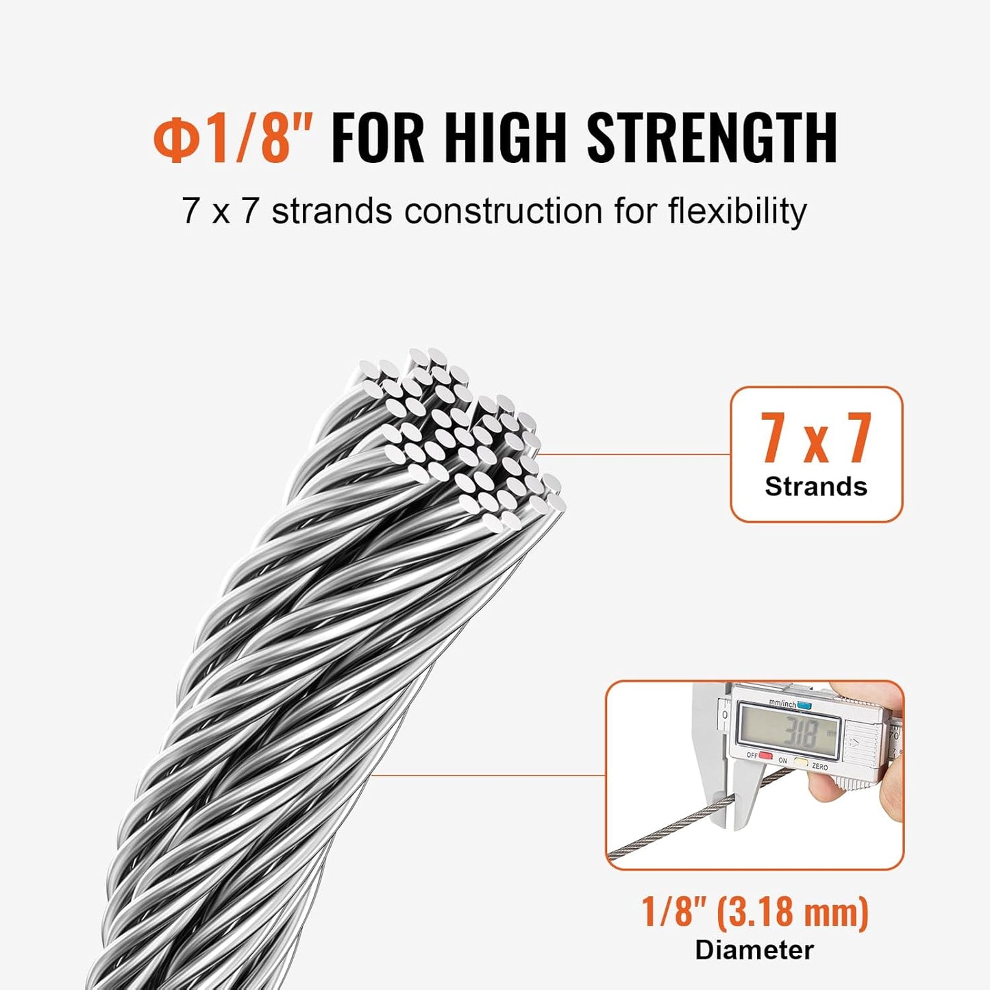 VEVOR 1/8 Stainless Steel Cable Railing Kit, 600 FT 316 Marine Aircraft Cable With Cutter and Gloves, 1600 lbs Breaking Strength, 7x7 Strands for Handrail Stair Decking Fence Outdoors-VerdiqueGarden