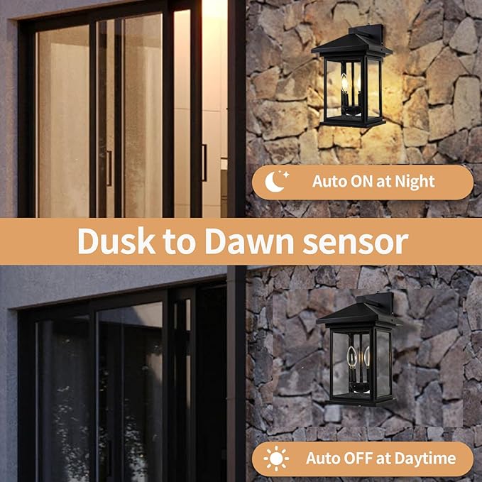 Dusk to Dawn Outdoor Wall Lantern, Exterior Wall Sconce Fixture with Tempered Clear Seeded Glass, Matte Black Finish for Outdoors (Large Wall Mount)-VerdiqueGarden