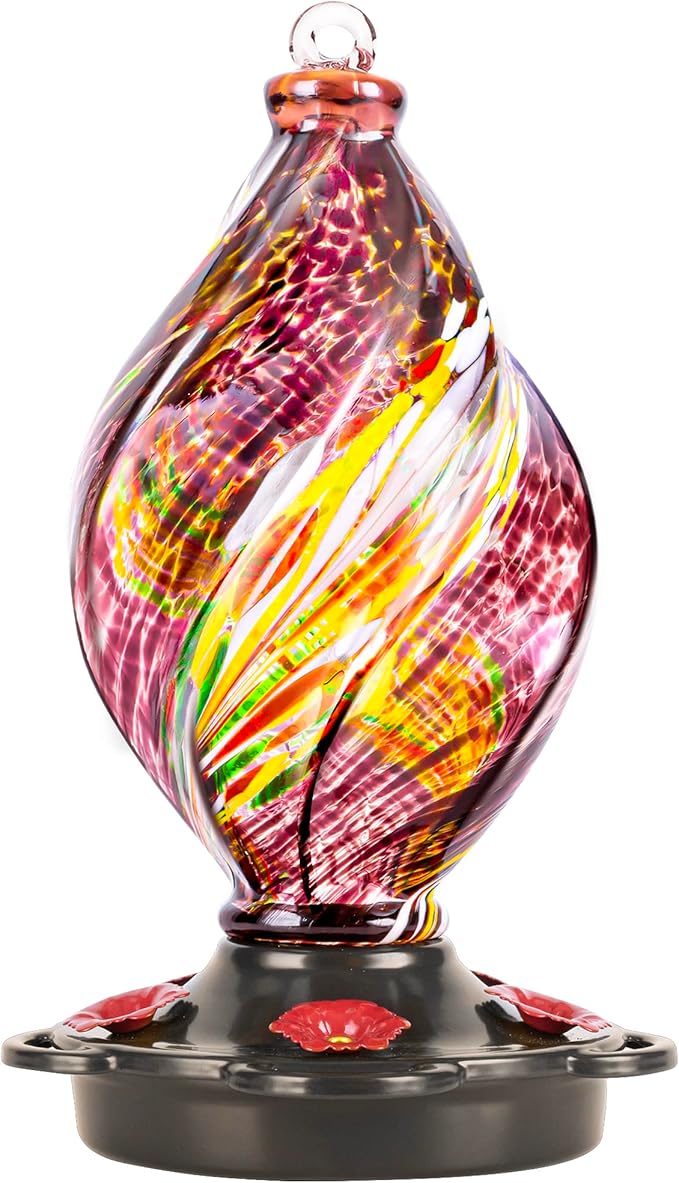 LUJII Ice Cream Shaped Spiral Hummingbird Feeder for Outdoors Hanging, Hand Blown Glass, 28 fl.oz, Leak Proof & Rustproof, Includes an Ant Moat with Hook, Unique & Stylish Glass Art & Decor (Purple)-VerdiqueGarden