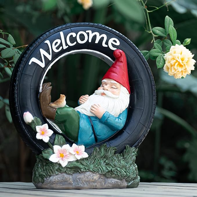 WONDER GARDEN Gnome Garden Decor for Outside - Welcome Gnome Solar Powered LED Light Outdoor Decor, Gnomes Statues Outdoor Funny Resin Garden Sculpture Decorations for Patio, Lawn-VerdiqueGarden