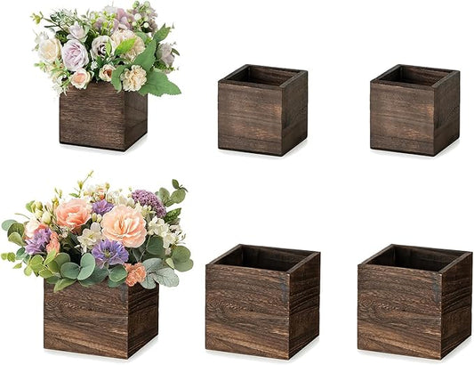 NUPTIO Wooden Box for Centerpiece Wedding: 6 Pcs Rustic Square Planter Box for Christmas Centerpiece Table Fall Decorations - 4×4" & 5×5" Small Wood Vases Flower Pots for Windowsill Home Garden Decor-VerdiqueGarden