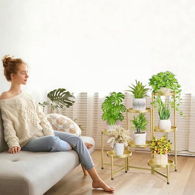 iDavosic.ly 7 Tier Large Plant Stand Indoor, 10 Inch Wide Tall Corner Metal Plant Stands Outdoor for Multiple Plants, Folding Tiered Flower Display Holder Rack Shelf, Gold-VerdiqueGarden