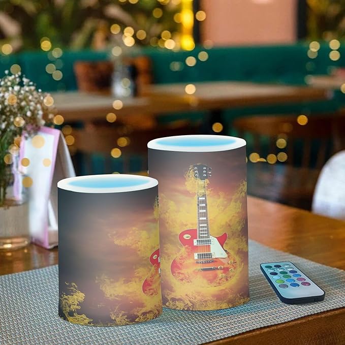 Flickering Flameless Candles, Rock Guitar in Fire Flames LED Candles with Remote Timer, Set of 2 Battery Operated Candle for Valentine Wedding Birthday-VerdiqueGarden