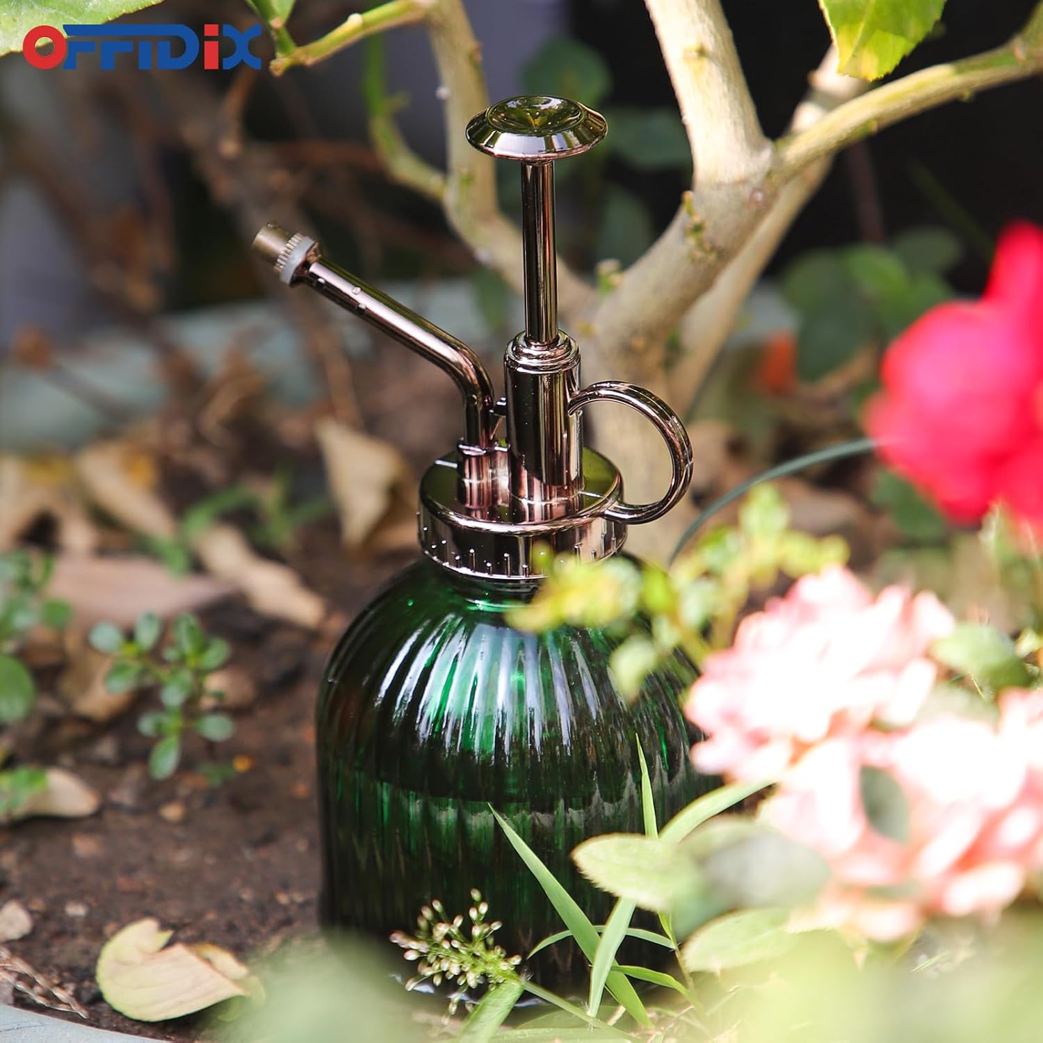 OFFIDIX Plant Mister Spray Bottle Glass Mister for Inside 6.3" Tall Vintage Style with Bronze Plastic Top Pump One Hand Watering Can for Indoor Potted Plants Terrariums Green-VerdiqueGarden