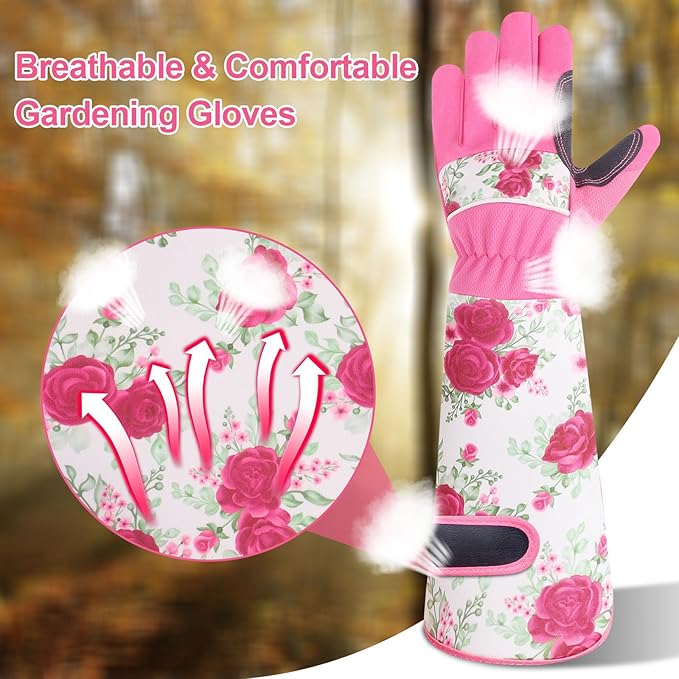 DLY Gardening Gloves for Women, Rose Gloves Gardening Thorn Proof, Long Garden Gloves for Women, Breathable & Durable Leather Gauntlet(Medium, Rose Red)-VerdiqueGarden