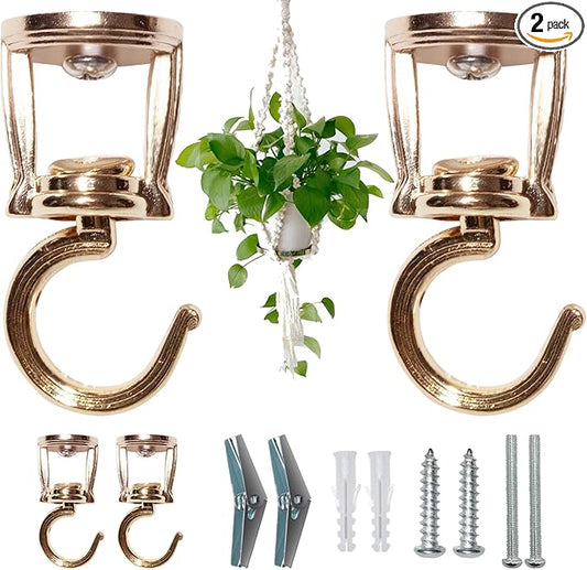 Ceiling Hooks for Hanging Plants (2 PCS Gold),Heavy Duty Metal Plant Hooks, Screw in Hooks for Hanging Birdfeeders, Lamps, Planters, Outdoor Decorative Hooks up to 33 lbs-VerdiqueGarden