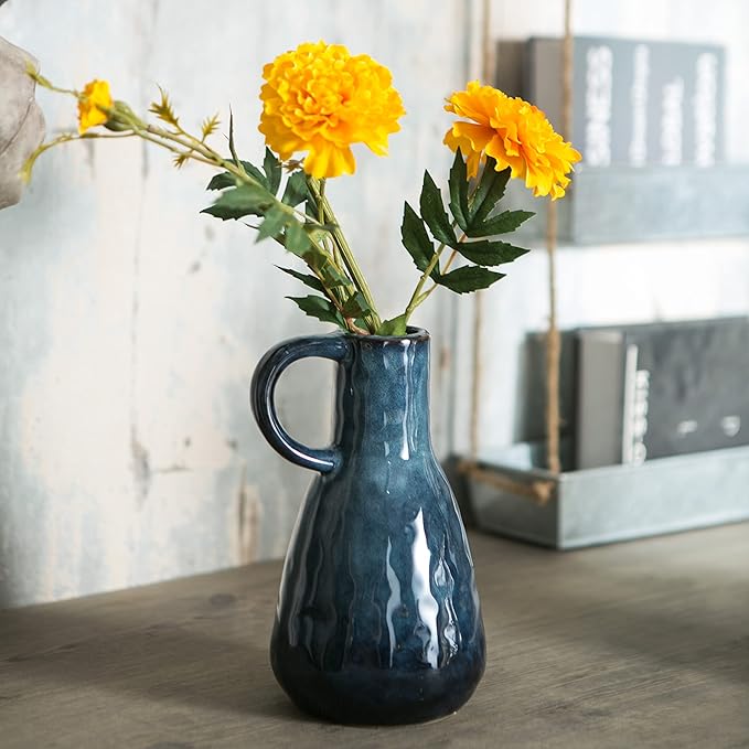Ceramic Vase Set of 2, Blue Glazed Small Pottery Vases with Handles, Decorative Clay Vase Modern Farmhouse Decor, Centerpiece Dining Table Decorations Porcelain-VerdiqueGarden