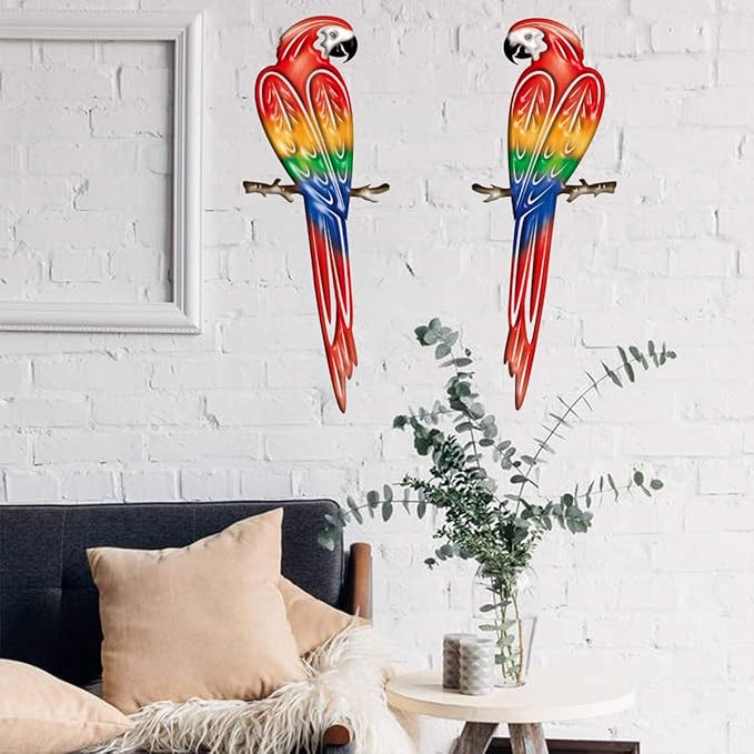 Metal Outdoor Wall Art Decor,3D Colorful Garden Birds Sculpture Outdoor Iron Hanging Parrot Decor, Metal Hand-Made Bird Wall Art Decorations for Fence Patio Balcony Living Room-VerdiqueGarden