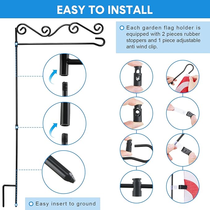 10 Pack Garden Flag Stand with Flag Stoppers and Clips, Black Powder Coated Weather Proof Garden Flag Pole Holder for Outdoor Garden Flag (Stylish Style, 15.75 x 36.22 Inch)-VerdiqueGarden