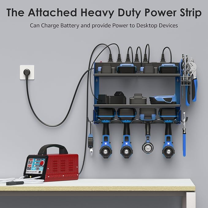 CCCEI Set Power Tool Organizer Wall Mount with Charging Station. Garage 4 Drill Storage Shelf with Hooks, Heavy Duty Metal Tool Battery Charger Organizer. Shop Utility Rack with Power Strip Blue.-VerdiqueGarden