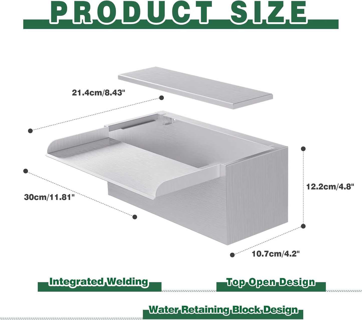 Pond Waterfall Spillway LONGRUNNEW 304 Stainless Steel 11.8" Rectangular Waterfall Spillway, Water Fall Fountain with Pipe Connector for Garden Outdoor, Swimming Pools, Fountains, Pond and Spa-VerdiqueGarden