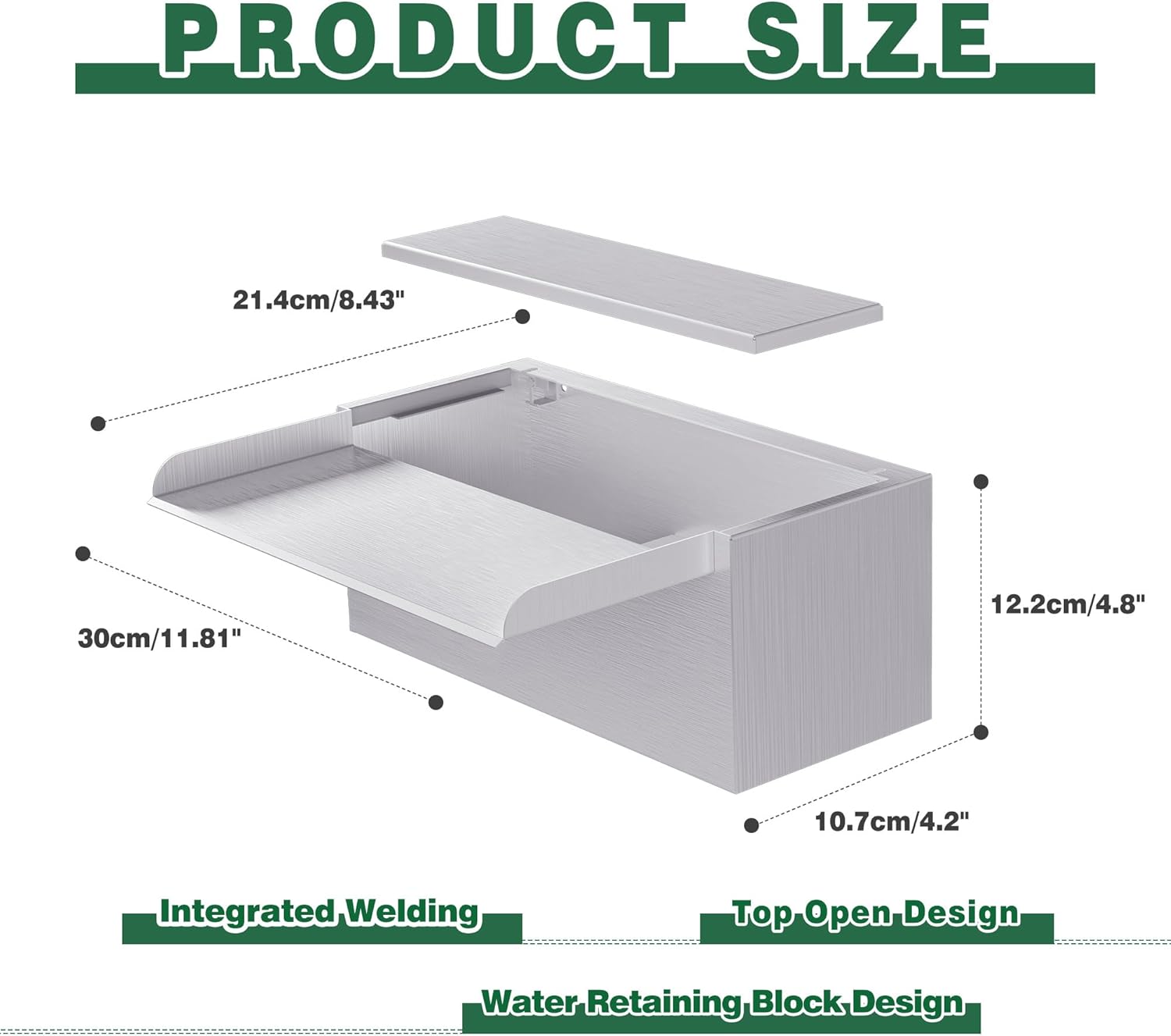 Pond Waterfall Spillway LONGRUNNEW 304 Stainless Steel 11.8" Rectangular Waterfall Spillway, Water Fall Fountain with Pipe Connector for Garden Outdoor, Swimming Pools, Fountains, Pond and Spa-VerdiqueGarden