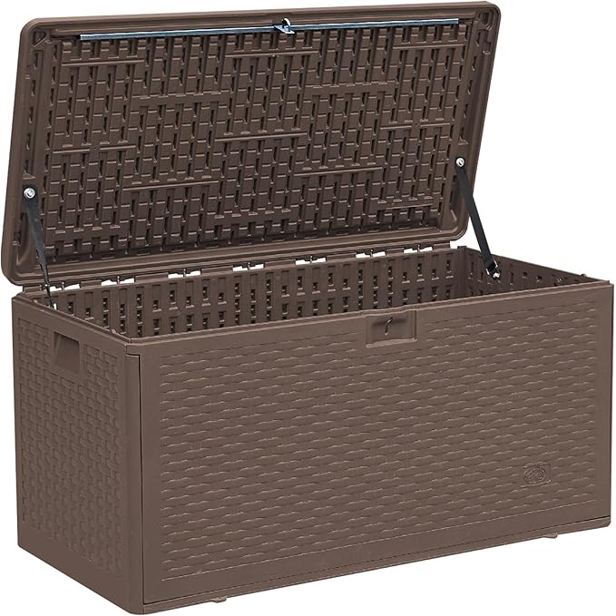 Premium Pro Edition 73 Gallon Lockable Resin Deck Box, Waterproof & UV-Resistant Outdoor Storage Box for Outdoor Cushion Storage, Garden Tools & Pool Accessories Storage, Brown-VerdiqueGarden