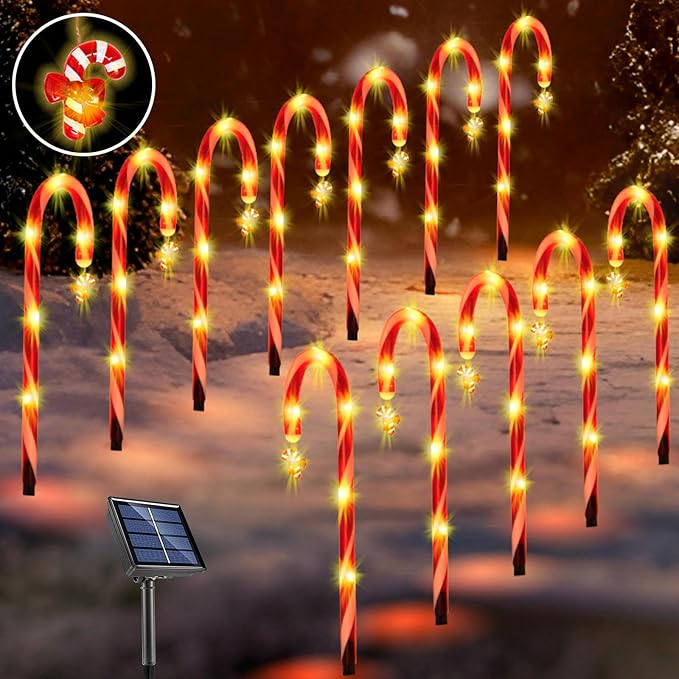 12 Pack Christmas Candy Cane Lights Outdoor Solar Pathway Lights Christmas Decorations Waterproof Driveway Walkway Markers Yard Garden Home Xmas Decor, 2-in-1 Rechargeable Solar Power-VerdiqueGarden