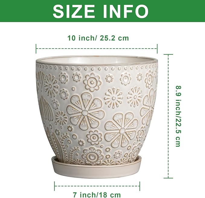 10 Inch Ceramic Planter Pot Large Plant Pot for Indoor Plants Outdoor Round Flower Pot with Drainage Hole and Saucer for Home Garden Decor White-VerdiqueGarden