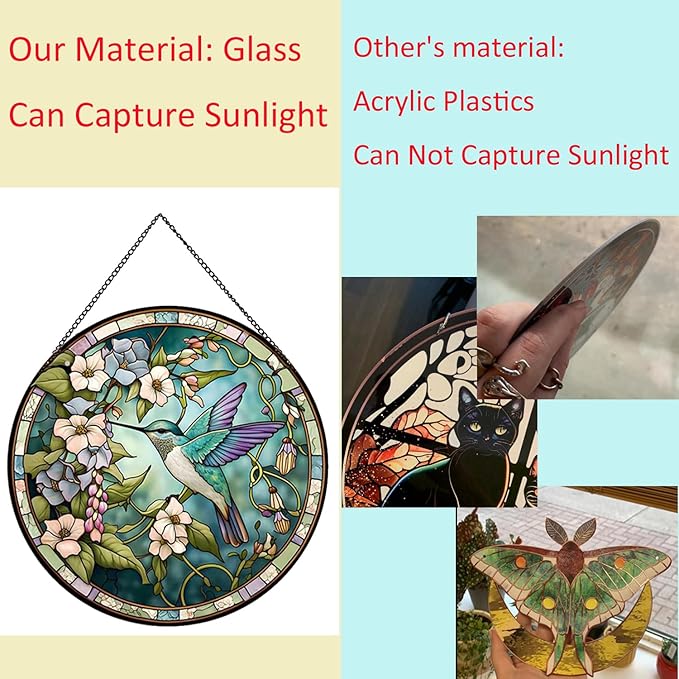 Hummingbirds and Flowers Pattern Stained Glass Suncatchers for Windows,Hanging Stained Glass Suncatcher,20cm/7.87inch Hand-Painted Sun Catcher Garden Painted Glass Panel Decor Themed Gift-VerdiqueGarden