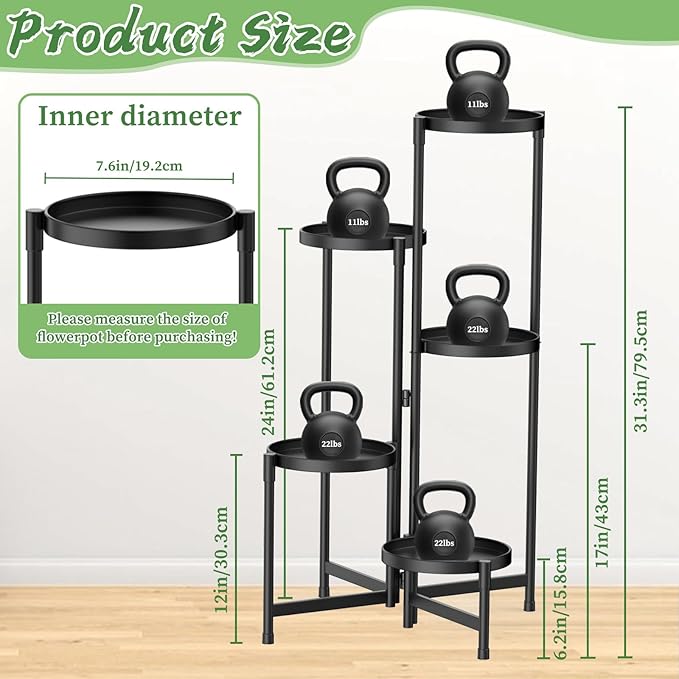 MOKANI Metal Plant Stand Indoor Outdoor for Multiple Plants, 5 Tiered Folding Corner Shelf Tall Flower Pot Holder Display Rack for Patio Living Room Balcony Garden, Black-VerdiqueGarden