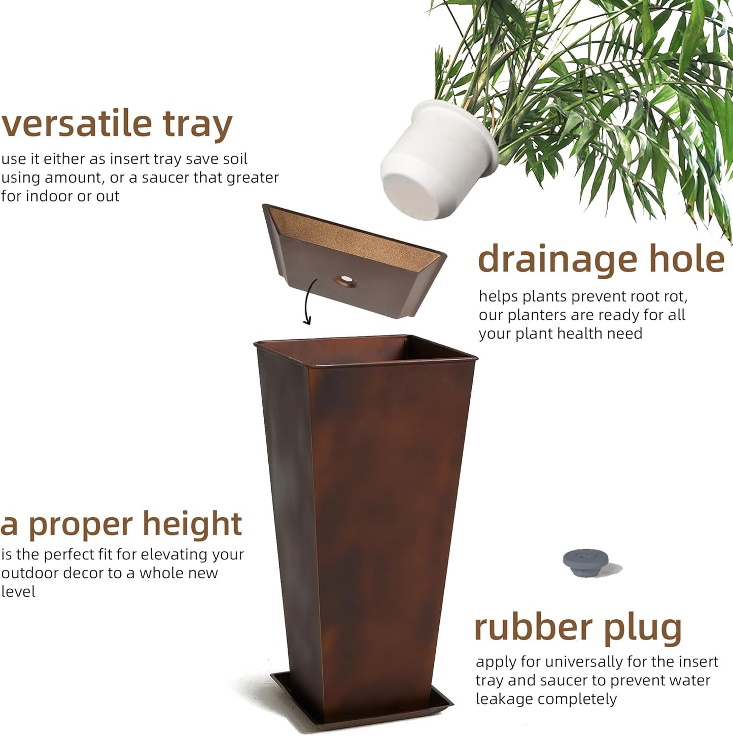 KOL 28''H. Tall Metal Planter with Insert, Set of 2, Galvanized Steel Planter Pots for Indoor & Outdoor Use, Decorative Flower Plant Pots for Front Porch, Patio, Deck - Rust Color-VerdiqueGarden