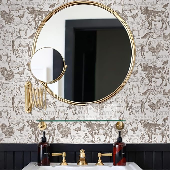 Boho Rustic Farm Animals Cow Rooster Horse Turkey Peel and Stick Wallpaper Self Adhesive Removable Easy Peel Off Stick on Wall Paper for Bedroom Cabinet Renter-VerdiqueGarden