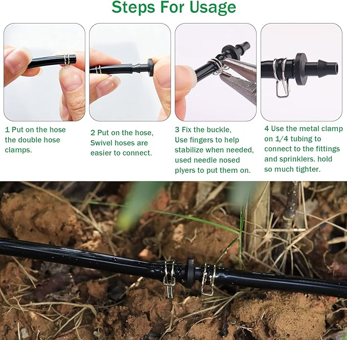 1/4" Irrigation Hose Clamps, 100 Double Line Hose Pipe Spring Clamps, Drip Irrigation Kit Connector Leak Solution-VerdiqueGarden