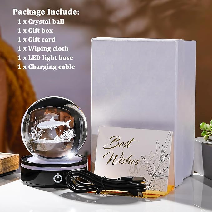 YWHL 3D Shark Figurine Crystal Ball with Colorful Light Base, Shark Gifts for Women Men Shark Lovers on Christmas Birthday, 3D Laser Engraved Shark Sphere Glass Ball for Home Office Decoration (80mm)-VerdiqueGarden