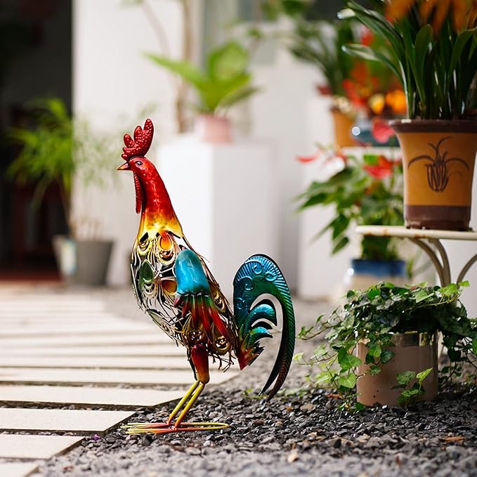 19 Inch Solar Rooster Statue Lights, Metal Yard Art Solar Rooster, Large Rooster Statue Colorful Lights for Garden Lawn Outdoor Decoration Gifts.-VerdiqueGarden
