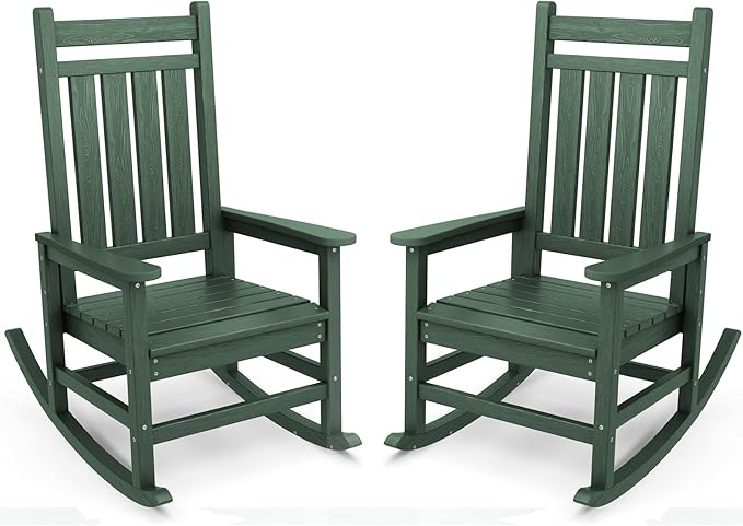 SERWALL Outdoor Rocking Chair Set of 2, HDPE Rocking Chairs for Adult, All Weather Porch Rockers for Lawn Garden, Green-VerdiqueGarden