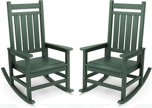 SERWALL Outdoor Rocking Chair Set of 2, HDPE Rocking Chairs for Adult, All Weather Porch Rockers for Lawn Garden, Green-VerdiqueGarden