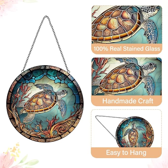 Sea Turtle Decor Suncatcher Stained Glass Window Hanging - Handmade Stained Glass Suncatchers Hangings with Hooks - Sea Art Glass Outdoor Garden Decor Gift for Women Him Valentines Day Birthday Gifts-VerdiqueGarden