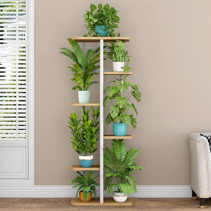 LINZINAR Plant Stand 6 Tier 7 Potted Multiple Flower Pot Holder Shelf Indoor Outdoor Planter Display Shelving for Patio Garden Corner Balcony Living Room (6 Tier-7 Potted, White)-VerdiqueGarden