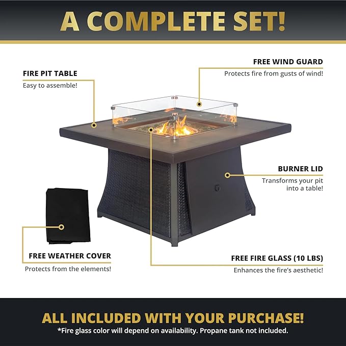42" Outdoor Fire Pit Table for Patio, Propane Fire Pit Coffee Table with Square Base Patio Heater, CSA Certified, 50,000 BTU Stainless Steel Burner-VerdiqueGarden