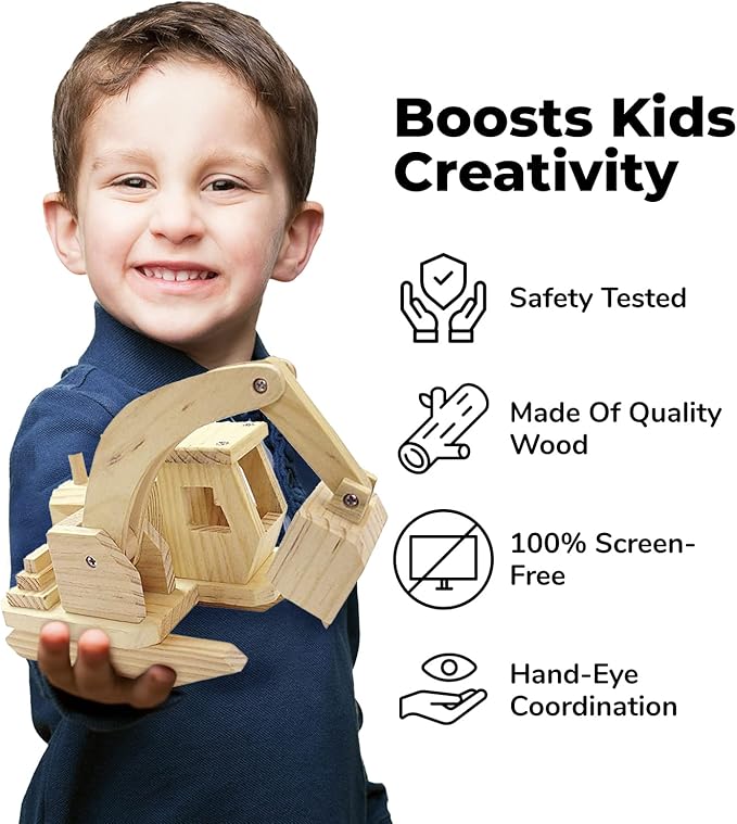 Kraftic Woodworking Building Kit for Kids and Adults, 3 Educational DIY Carpentry Construction Wood Model Kit STEM Toy Projects for Boys and Girls - Wooden Military Vehicle, Excavator and Bird-Feeder-VerdiqueGarden