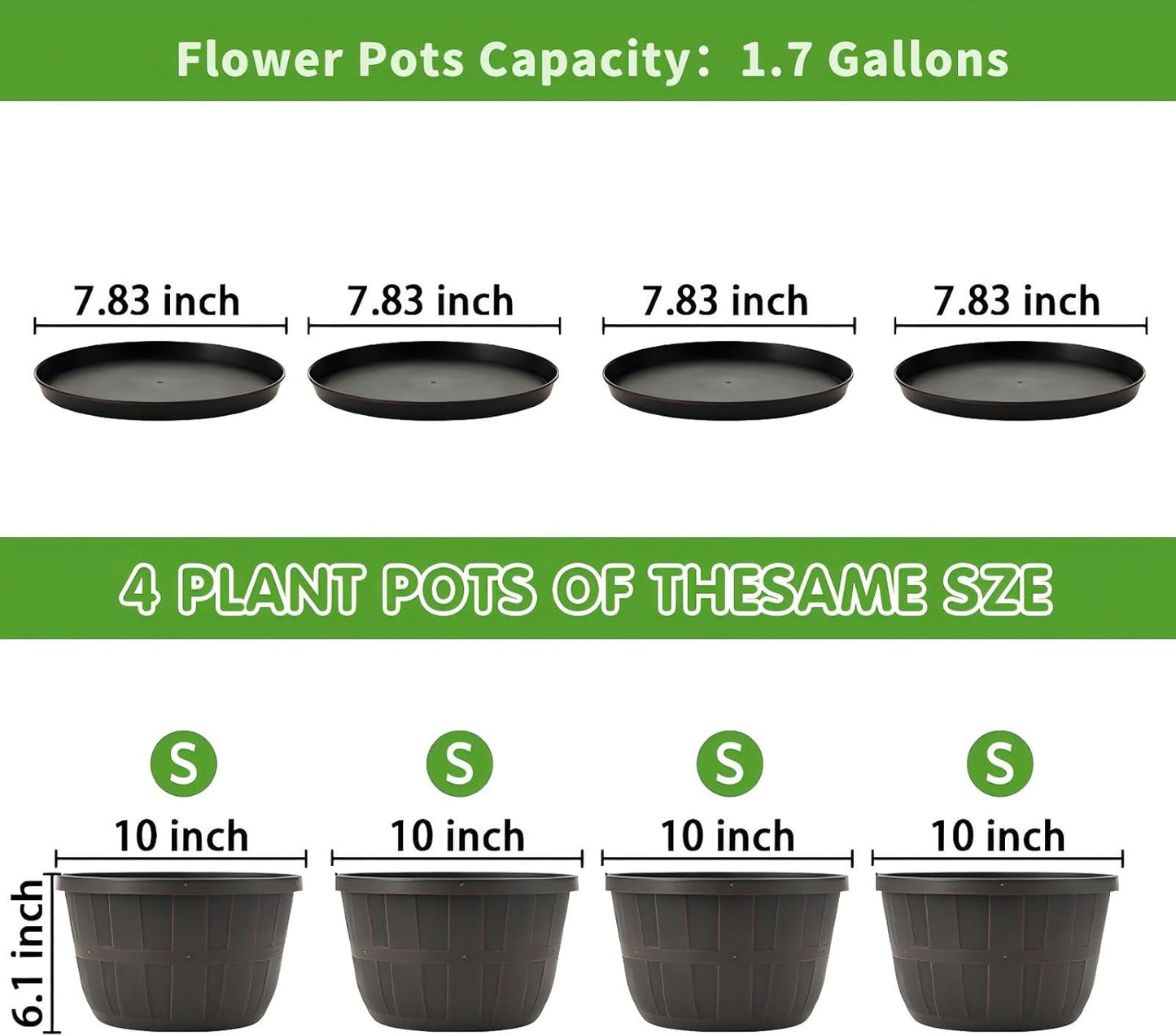 Quarut 10 inch Plastic Flower Pots for Outdoor Plants，4 Pack Large Outdoor Planter Pot with Drainage Holes & Saucers，Imitation Wine Barrel Design，for Indoor Outdoor Garden Plants（Brown）-VerdiqueGarden