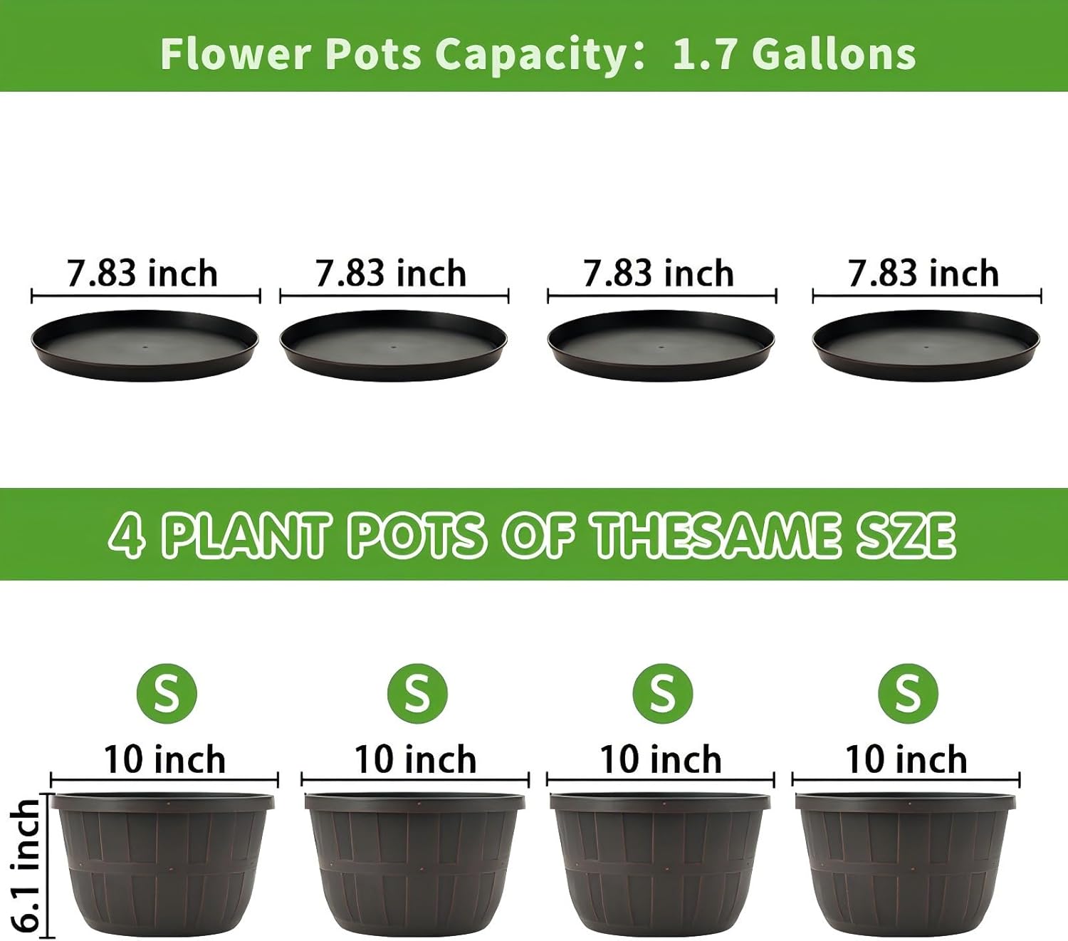Quarut 10 inch Plastic Flower Pots for Outdoor Plants，4 Pack Large Outdoor Planter Pot with Drainage Holes & Saucers，Imitation Wine Barrel Design，for Indoor Outdoor Garden Plants（Brown）-VerdiqueGarden