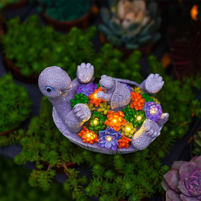 Solar Turtle Figurines Garden Decor, Cute Turtle Statue with Baby with 8 LED Solar Lights Garden Lawn Decorations for Patio & Yard, Gifts for Mom-VerdiqueGarden
