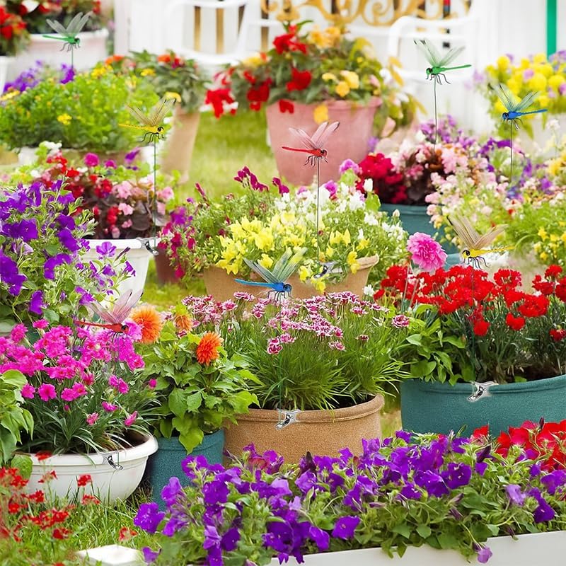 Indoor & Outdoor Fake Dragonfly Rod Clip, Dragonfly Clip Bug, 3D Artificial Dragonfly Hat Clips, Simulated Patio Decor Gardening, Multicolor Waterproof, Easy Attachment (8 Pcs)-VerdiqueGarden