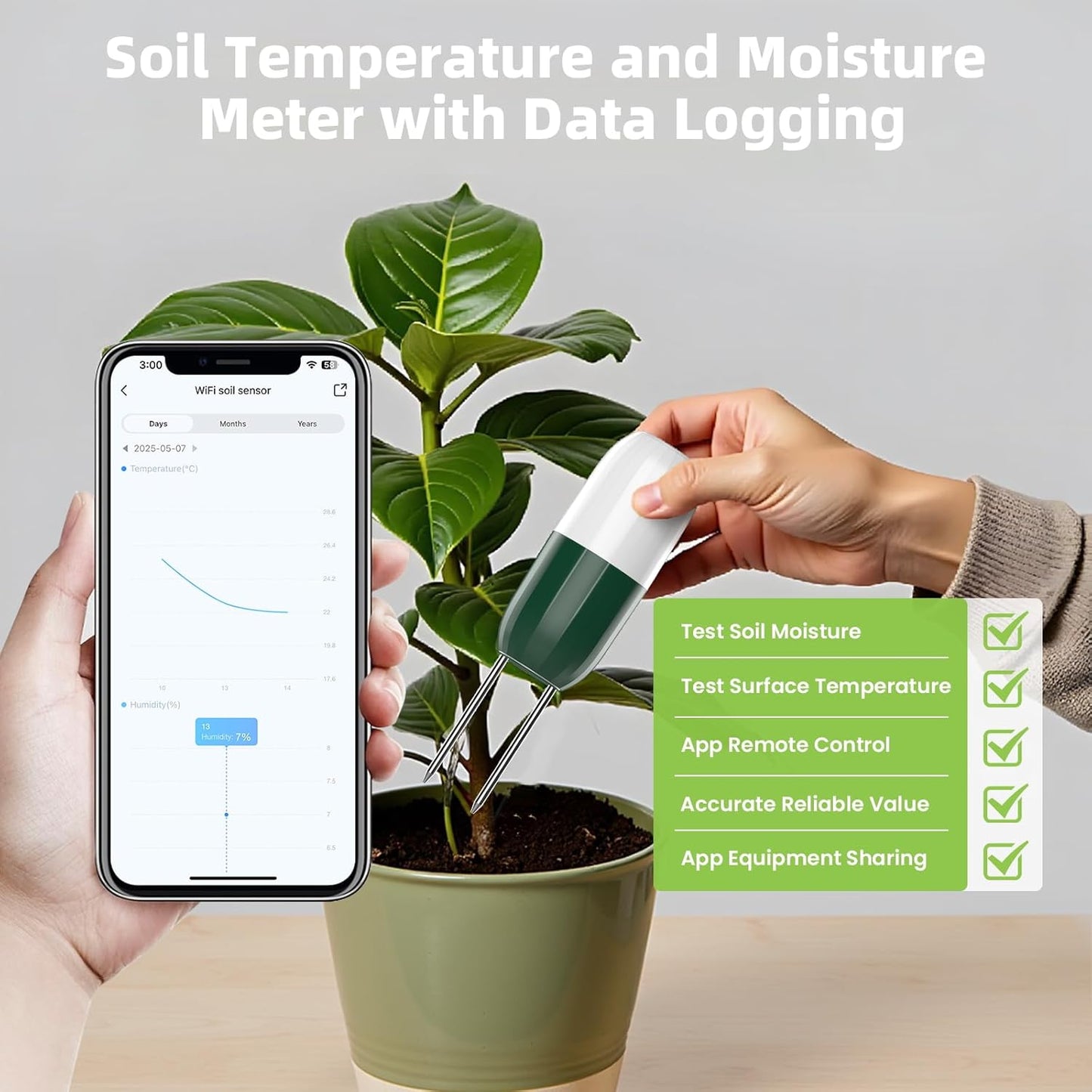Smart WiFi Soil Moisture & Temperature Sensor - Hub-Free Soil Meters for Lawn, Garden, Greenhouse, Real-Time App Alerts, IP67 Waterproof, Works with Automatic Watering Systems,Gardening Gift-VerdiqueGarden