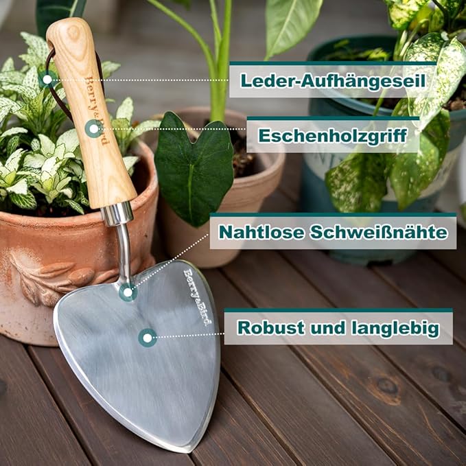 Berry&Bird Perennial Trowel, Oversized Garden Potting Trowel with Sharp Blade Wood Hand Shovel, Stainless Steel Planting Trowel Gardening Tool for Roots,Planting,Digging,Transplanting and Cutting-VerdiqueGarden