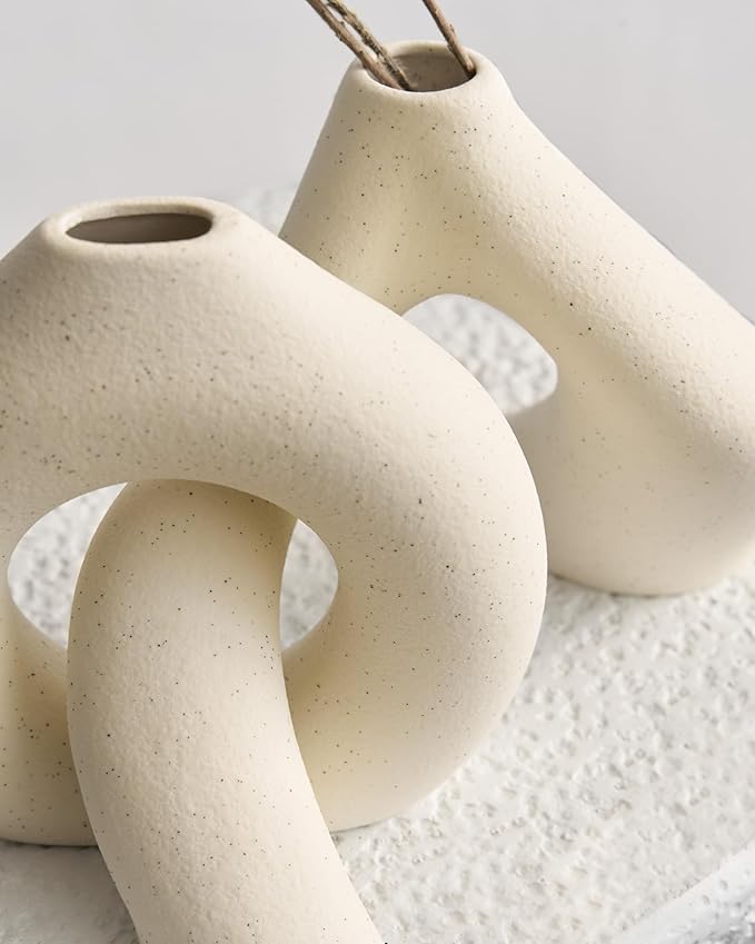 NOBULA White Ceramic Donut Vases – Modern Home Decor for Living Room, Bedroom & Table Centerpiece - Minimalist Nordic – Unique Vases for Olive Plant & Flowers – Decorative Coffee Table Vase Set of 2-VerdiqueGarden