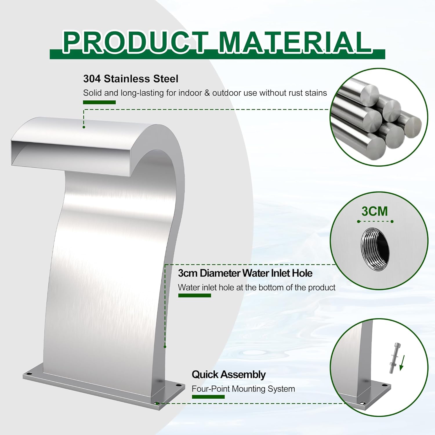 Pool Waterfall Fountain Stainless Steel Fountain 22.60'' x 10.55'' x 14.57'' Silver Pool Fountains for Ground Pools Garden Outdoor Waterfalls Sheer Descent Pond Water Feature-VerdiqueGarden