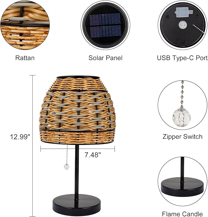 Outdoor Solar Table Lamp,3 Color Temperatures Bedside Lamps with USB-C Ports,Boho Desk Lamps Pull Chain Table Lamps with Black Metal Base for Garden,Yard,Patio,Lawn Outdoor Decor-VerdiqueGarden